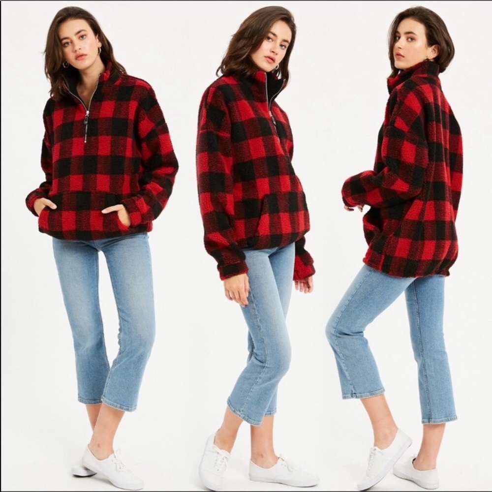 Buffalo Plaid Sherpa Pullover Jacket